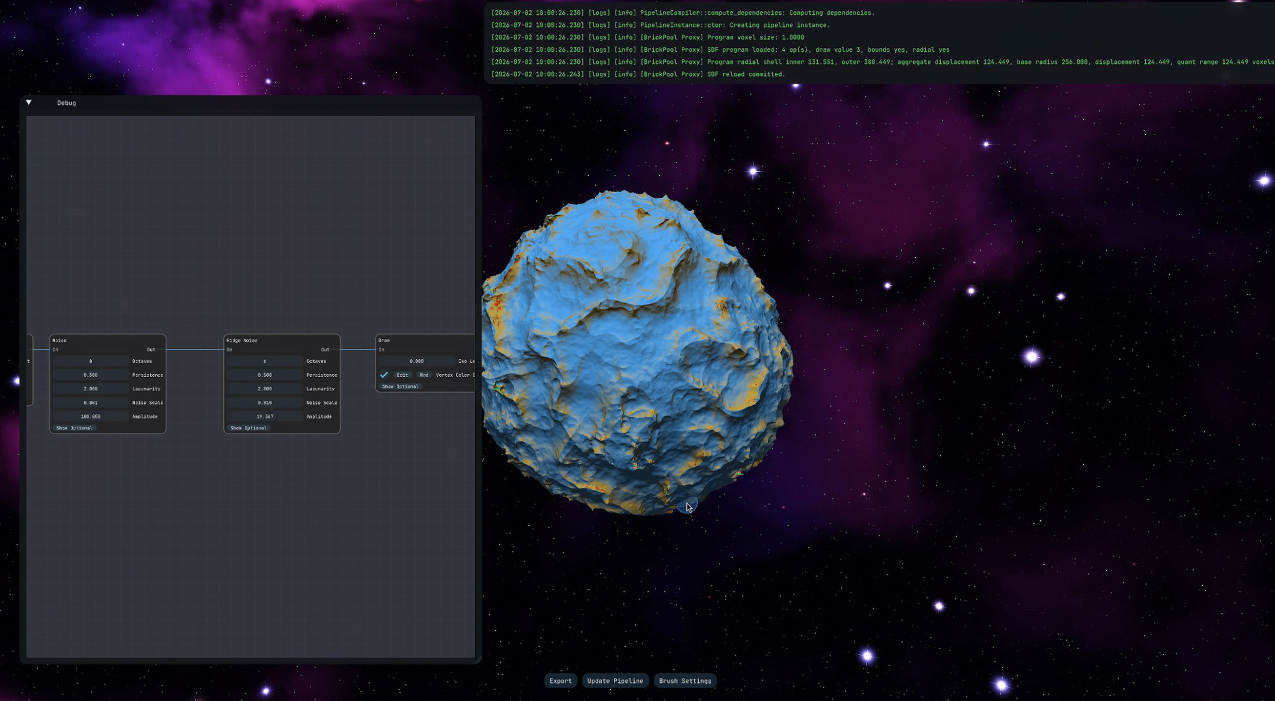 Poly-Gone Spheres editor with a procedural node graph and generated planet