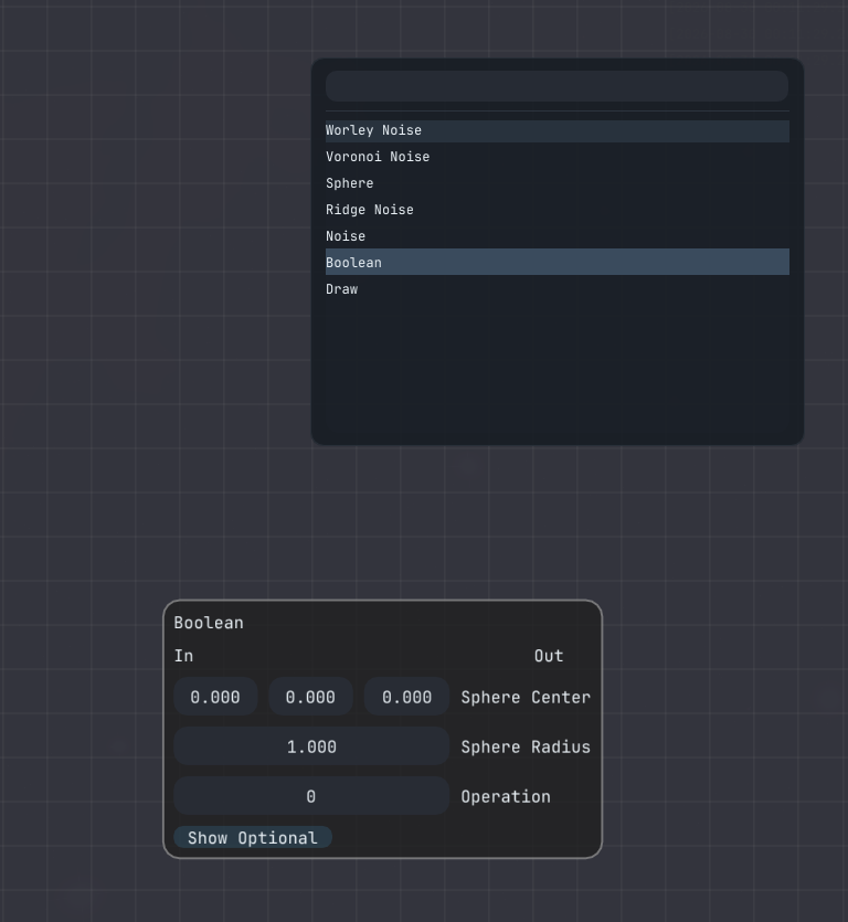 Node editor graph with generated properties and a resulting planet